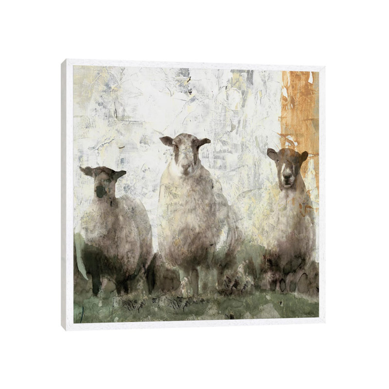 Three Sheep - Painting on Canvas, 45.72cm H x 45.72cm W x 3.81cm D, White Floater Framed