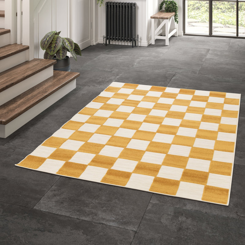 Philo Chequered Machine Woven Relief Indoor Outdoor Yellow Area Rug, Rectangle 164 x 230cm