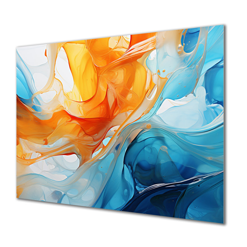 Orange orange, vagues bleues atteignant la plage II - encre liquide, art abstrait mural, Métal métal, H 30 po x l 40 po