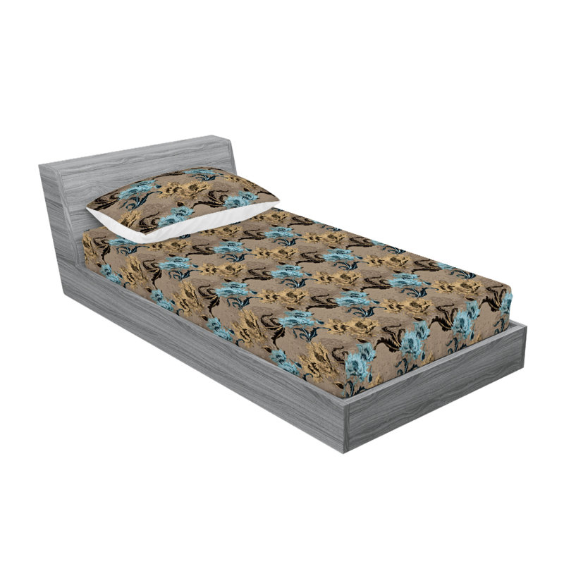 Ambesonne Fitted Sheet & Shams, Twin Sheet Set with 1 Pillowcase, Soft Blue/Caramel Flower