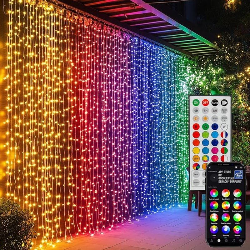 300 lumières de rideau lumineuses à DEL vives, lumières de fées de Noël à changement de couleur RVB pour la chambre à coucher avec télécommande et contrôle APP, lumières de fenêtre intelligentes imperméables, décoration de fête de mariage, 
