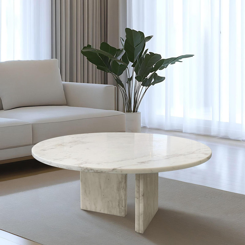Table basse ronde blanche en marbre semi-poli, table basse à profil bas, table de salon, pierre naturelle, marbre véritable, véritable marbre, 27,6 H12,6 pouces, 70 H32 cm