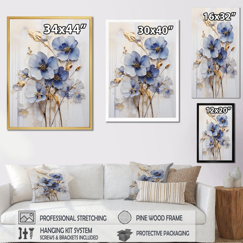 Bleu et or Exquisit Violets IV, H 44 po x l 34 po x P 1,5 po, Cadre simple argenté
