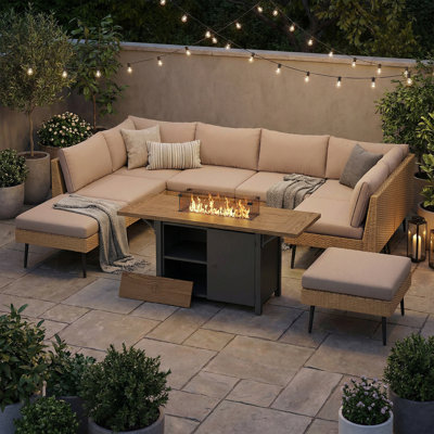 9-Piece Outdoor Premium Patio Wicker Sectional Seating Group With Cushions And Fire Pit Table