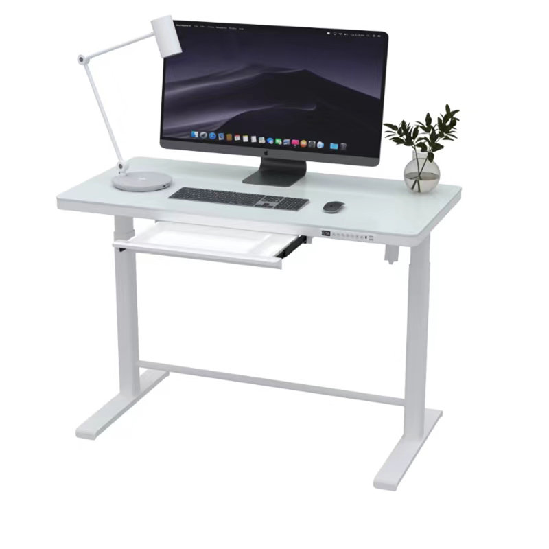 Bureau debout électrique en verre avec tiroir et charge USB - Uncage, Blanc