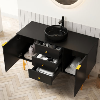 Meuble-lavabo de salle de bain avec configuration autoportante de 48 po, 4 pieds dorés, 3 tiroirs, 2 portes, lavabo rond en verre noir transparent et vasque en pierre frittée