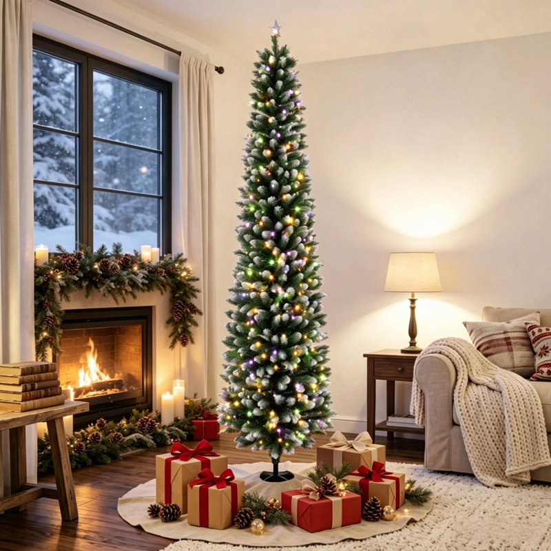 Arbre de Noël illuminé enneigé 8 pi, 2 lumières DEL blanc et blanc, télécommande avec 11 modes d'éclairage