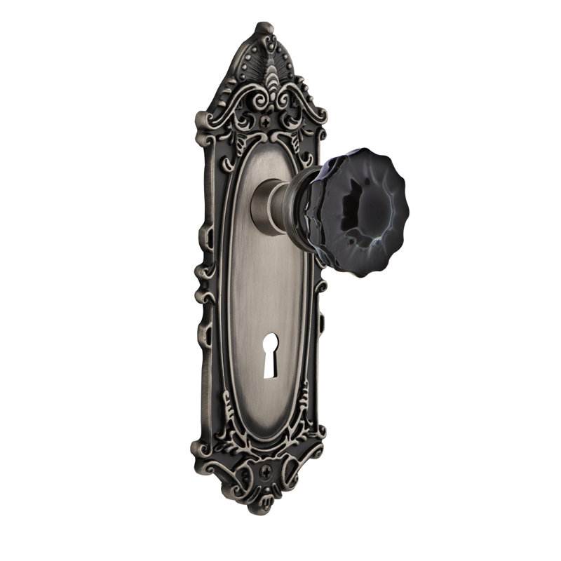 Victorian Plate with Decorative Keyhole and Crystal Black Door Knob, Antique Pewter