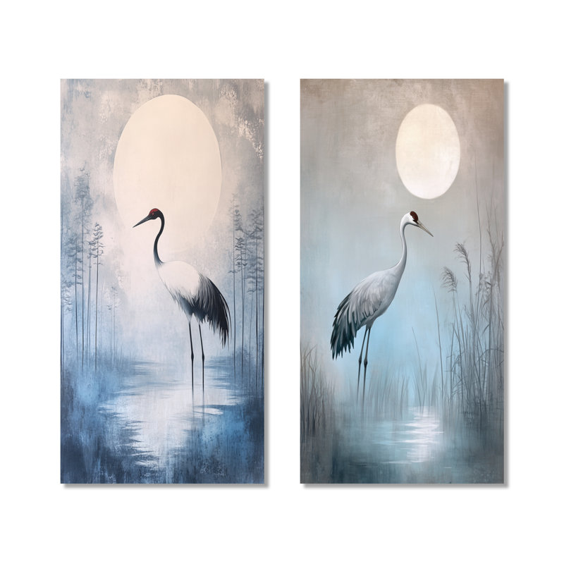 «Crane Moon Marsh - Birds», ensemble de 2 reproductions d'art mural en métal, 40" H x 40" W