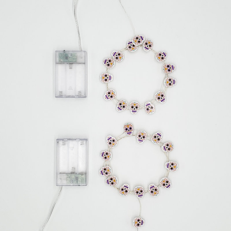 Dutta Battery Operated LED Fairy String Lights with Sugar Skull Motif - 2 Piece