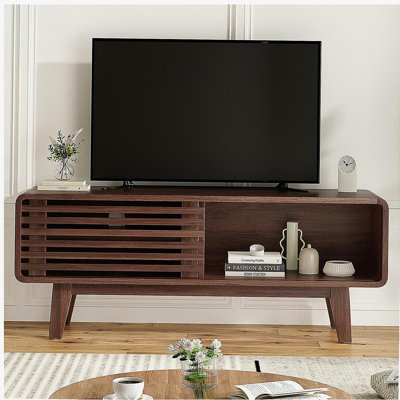 Meuble télé pour téléviseur de 59 po ou moins, centre de divertissement avec armoire de rangement et porte coulissante, console de style Mid-Century pour le salon et la chambre à coucher