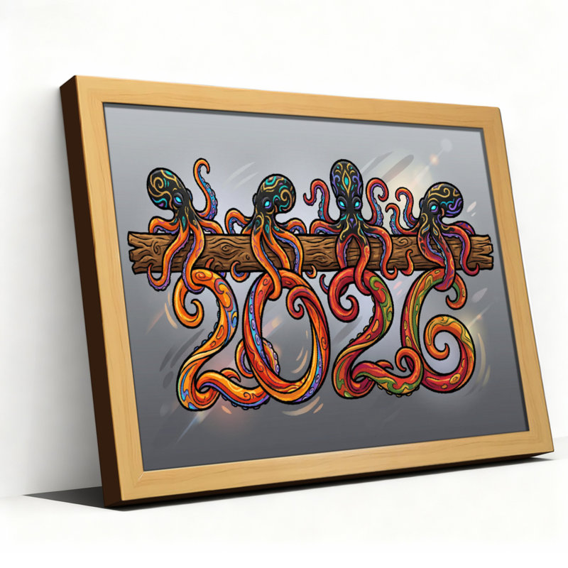 Tableau sur toile « Octopus 2026 » (1 pièce), H 12 po x l 18 po, Impression encadrée sans passe-partout, Noir
