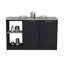 Îlot de cuisine avec grand comptoir, tablettes de rangement ouvertes et armoire à deux portes, noir / onyx