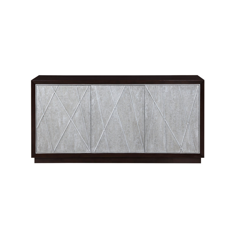 Console contemporaine assemblée en argent métallique et noyer avec tablettes de porte élégantes à motif géométrique sur le côté