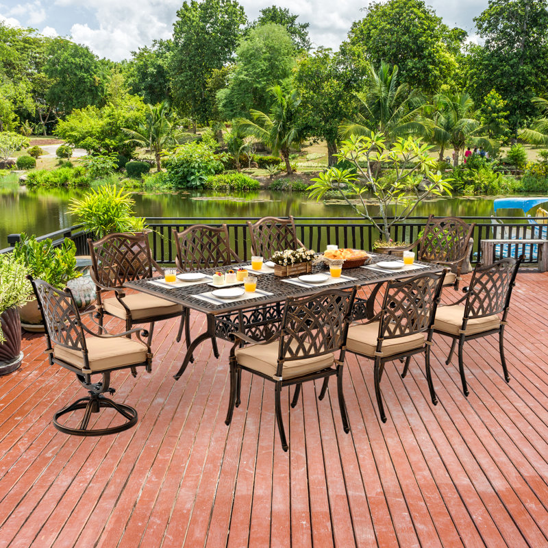 9-Piece Cast Aluminum Outdoor Dining Set, Vintage Patio Furniture for 8 Includes 87" Rectangular Dining Table, 6 Stackable Chairs & 2 Swivel Chairs with Cushions & Umbrella Hole