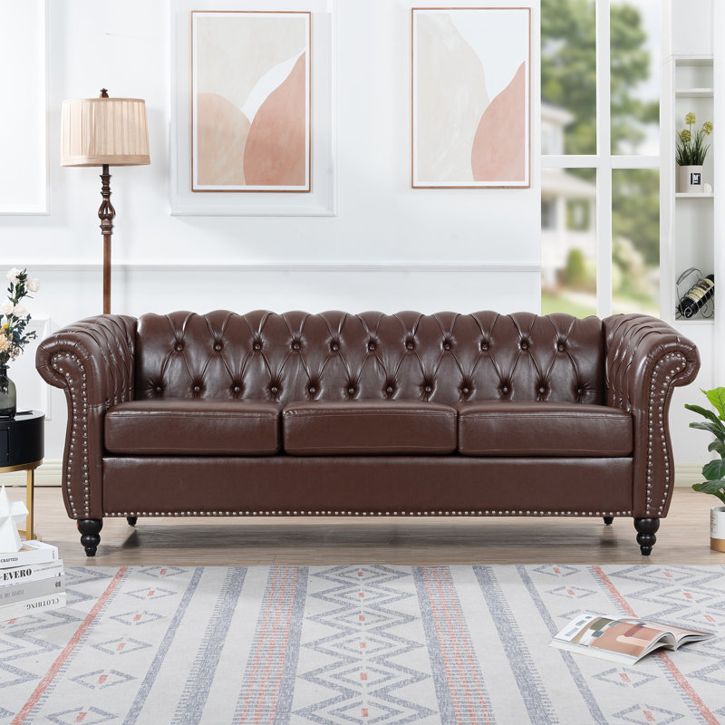 Arlen 84.65'' Faux Leather Rolled Arm Sofa,Nailheads,couch, Dark Brown Faux Leather