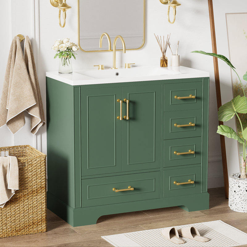  Modern Bathroom Vanity Cabinet with Resin Sink, 2 Doors, 4 Drawers, Soft-Close, Green (Faucet not Included)