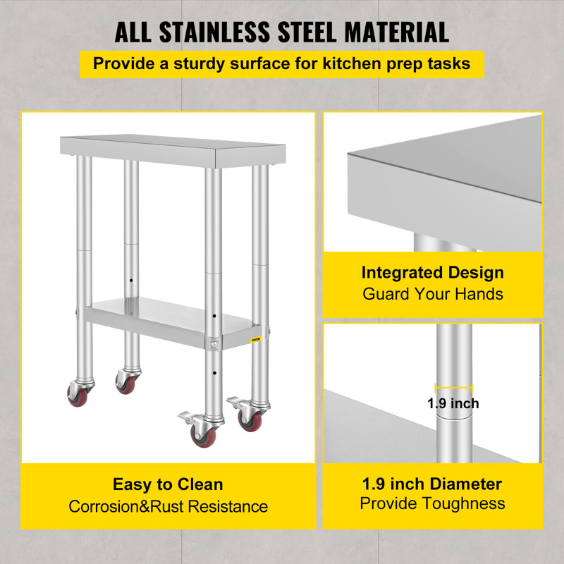 Stainless Steel Adjustable Height Work Table with Wheels