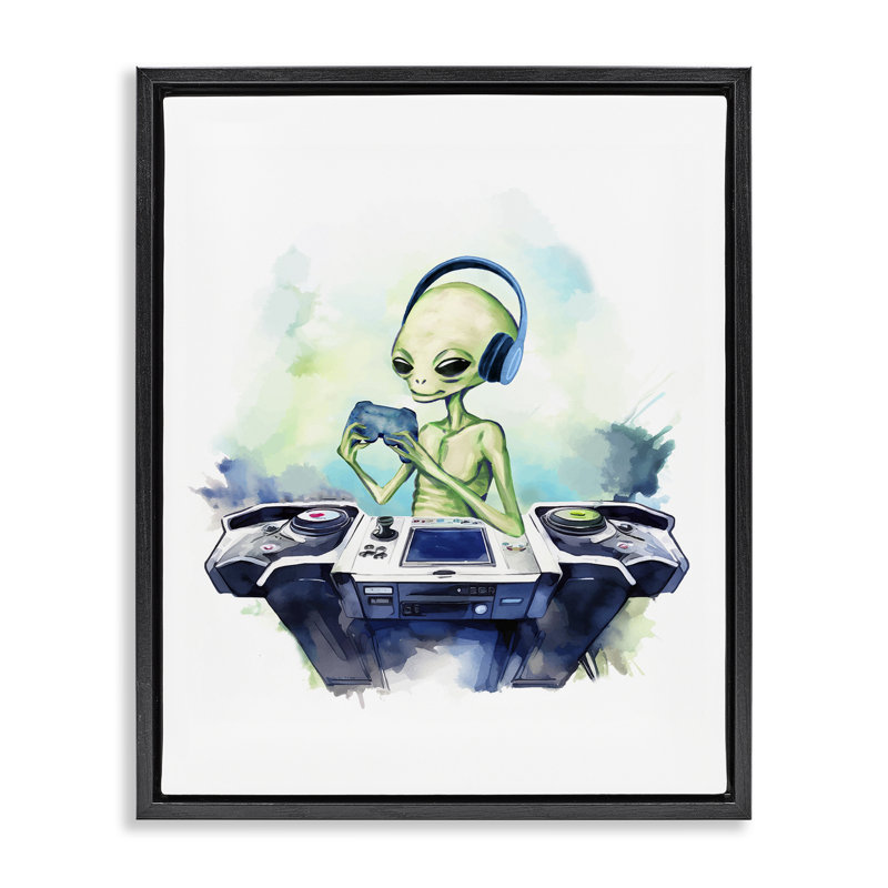 Cadre flottant Tech Alien jouant à des jeux vidéo, design par Lil 'Rue, Cadre flottant noir de jais, H 21 po x l 17 po