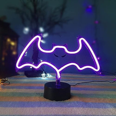 Enseigne au néon d'Halloween, lumière de chauve-souris mauve, décoration de table d'Halloween alimentée par pile USB pour la chambre, cuisine, accessoire de fête