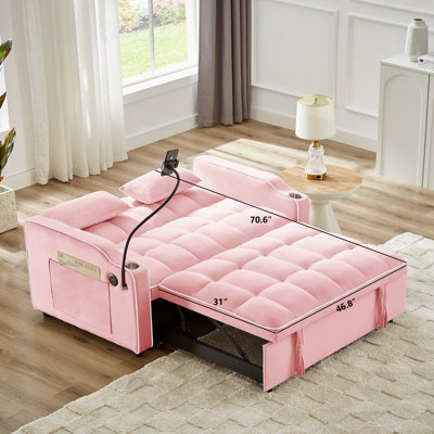 1 canapé-lit pliable polyvalent en 3 longueurs, 1 canapé-lit moderne en velours, un dossier réglable et un port USB avec cendrier et support pour téléphone pivotant