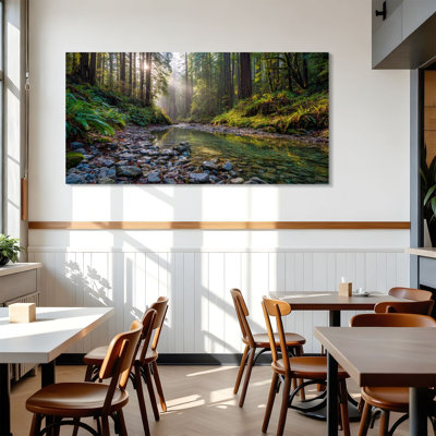 Canvas Wall Art Mossy Stone Creek Forest Scene Rustic Nature Wall Wall Decor for Living Room Bathroom Bedroom Office 24"H x 48"W Art Paintings, Ready to Hang