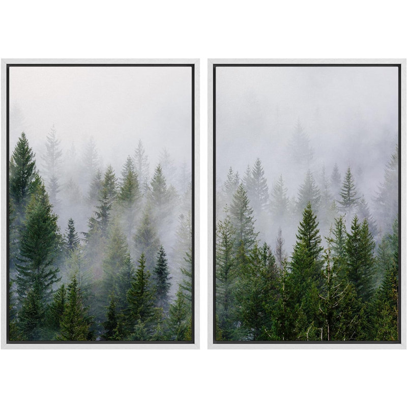 «Morning Mist Green Pine Tree Forest Nature Landscape», impression sur toile, 2 pièces, Reproduction avec cadre flottant