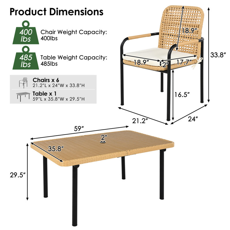 Ensemble repas 7 pièces pour patio avec plateau en bois et plastique, trou pour parasol et coussins beiges, Beige