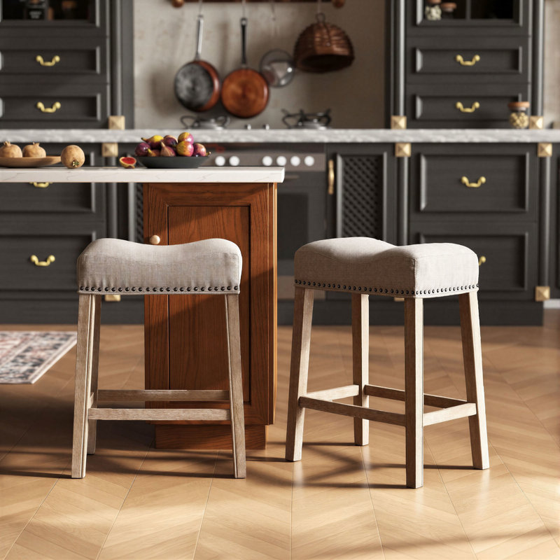 Oenone Backless Bar Stools, Upholstered Saddle Seat With Nailhead Trim, Weathered Wood Legs - Set of 2, Beige, Natural