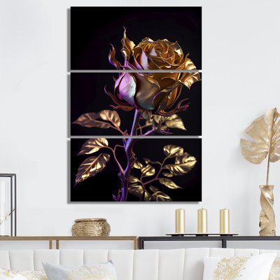 Glam Golden Rose On Black III - Floral Rose Canvas Wall Art Set -  Design Art, PT81206-3PVXL