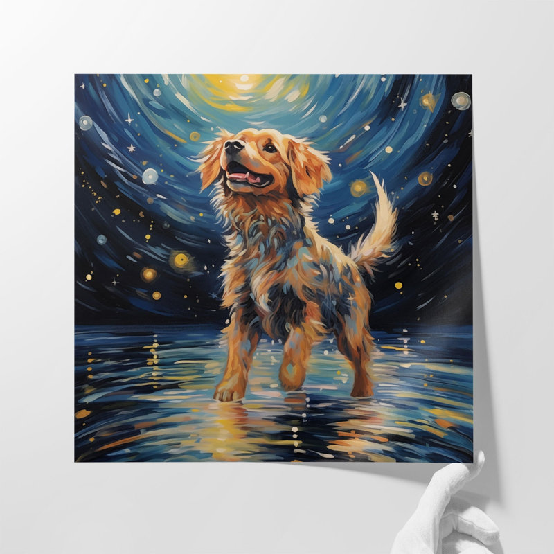«Starry Night», impression de rêverie canine, Cadre flottant noir, H 30 po x l 30 po x P 1,25 po