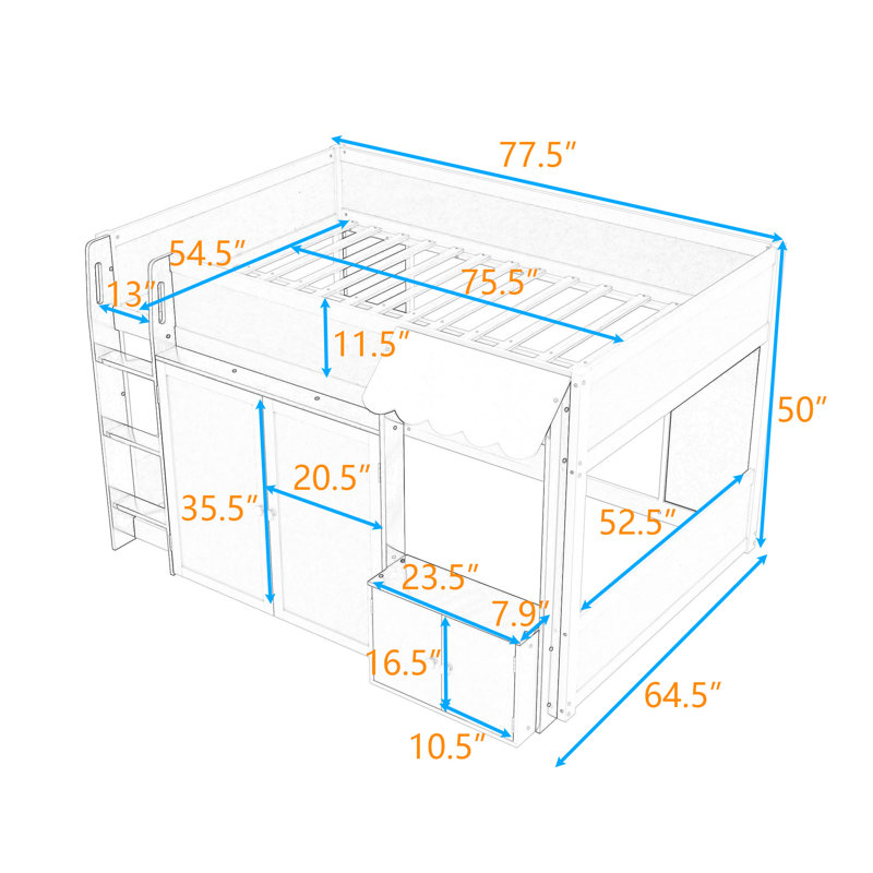 Lit mezzanine double avec échelle et armoire, Blanc / Espresso