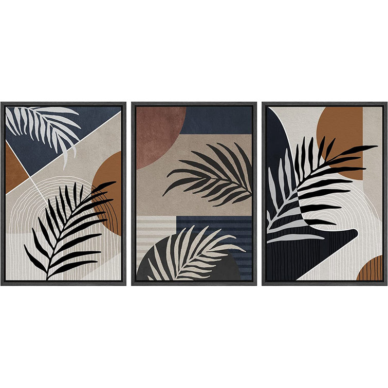 Geometric Mid-Century Pastel Polygon Tropical Leaf Abstract Shapes - 3 Piece Floater Frame Graphic Art Set on Canvas IDEA4WALL Frame Color: Natural, S