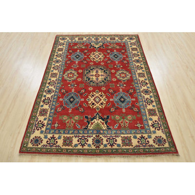 Tapis décoratif en laine rouge de conception unique 5 pi x 6 pi 10 po Kazak noué à la main