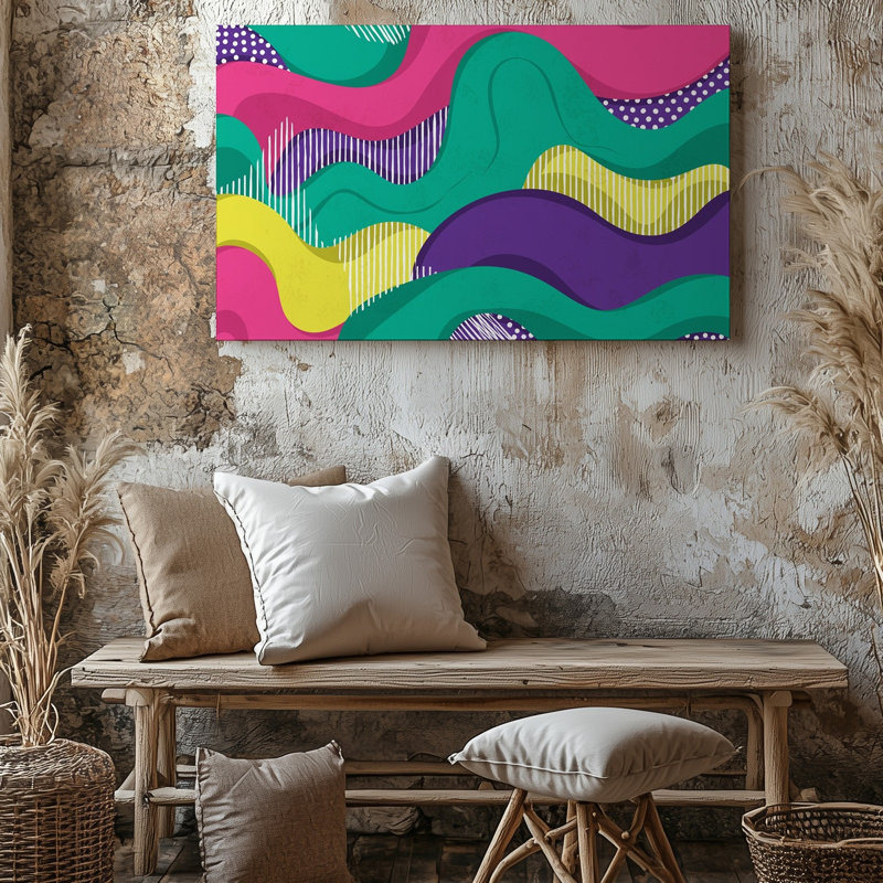 La toile crée un design abstrait vibrant avec une composition dynamique d'art mural formes et courbes ondulées dans une variété de couleurs vives
