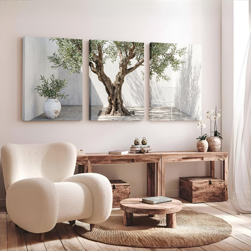 Ensemble de 3 tableaux sur toile représentant un paysage d'oliviers, pour la décoration du salon, H 36 po x l 72 po