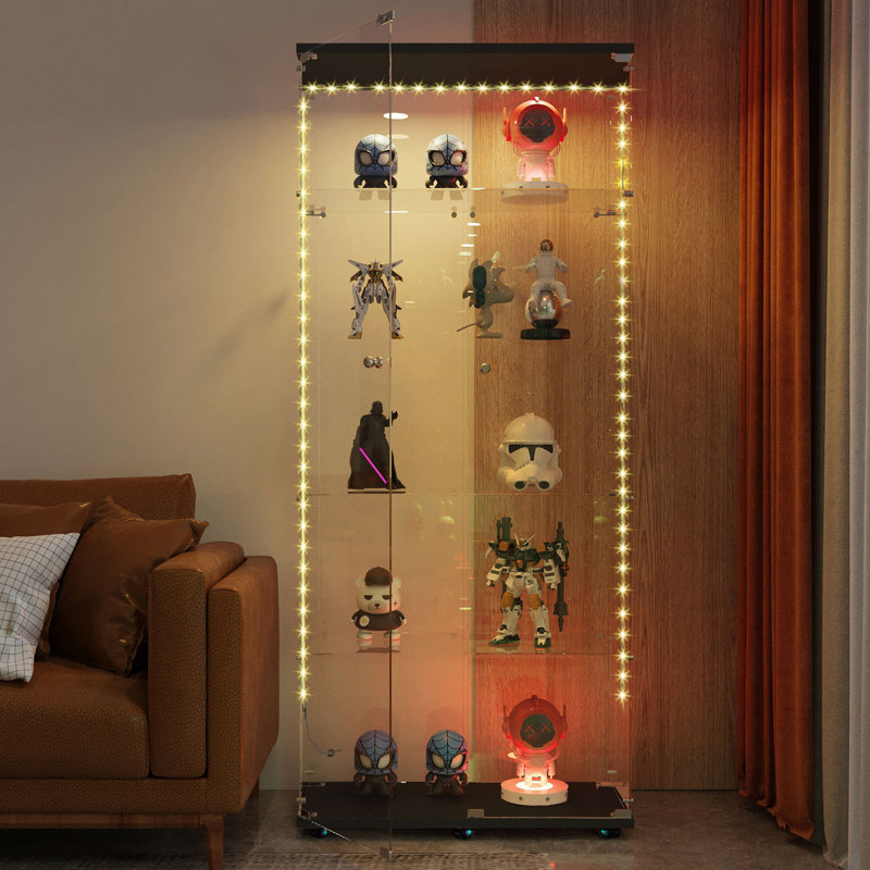 Armoire de rangement avec bande lumineuse à DEL Bluetooth, vitrine en verre trempé, serrure sur la porte, Noir