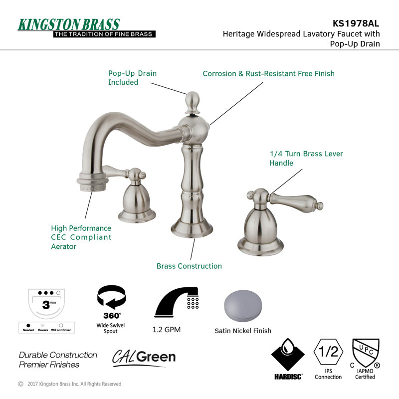 Robinet de salle de bain espacé avec ensemble de bonde Heritage, Nickel brossé