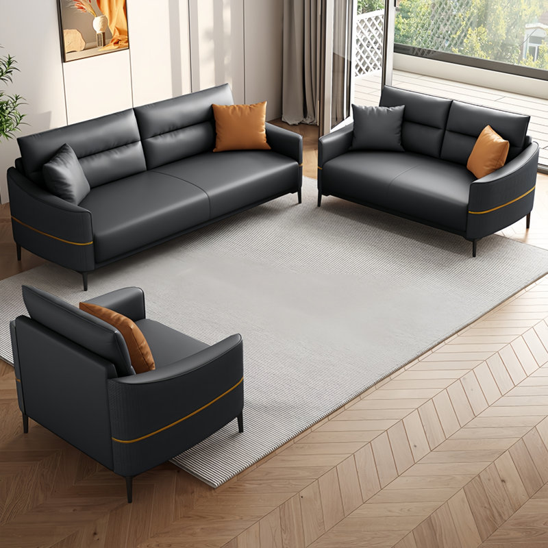 Noela 3 - Piece Faux Leather Living Room Set, Black/Gold Faux leather
