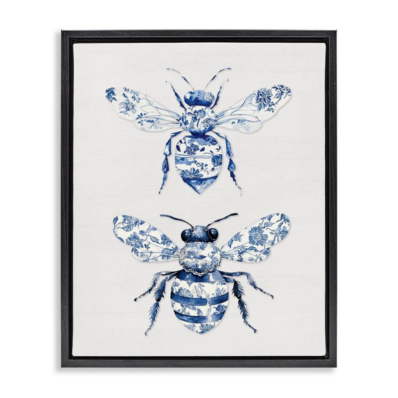 Toile Patterned Bees Floating Frame, design by Lettered and Lined, Jet Black Floater Frame, 21" H x 17" W
