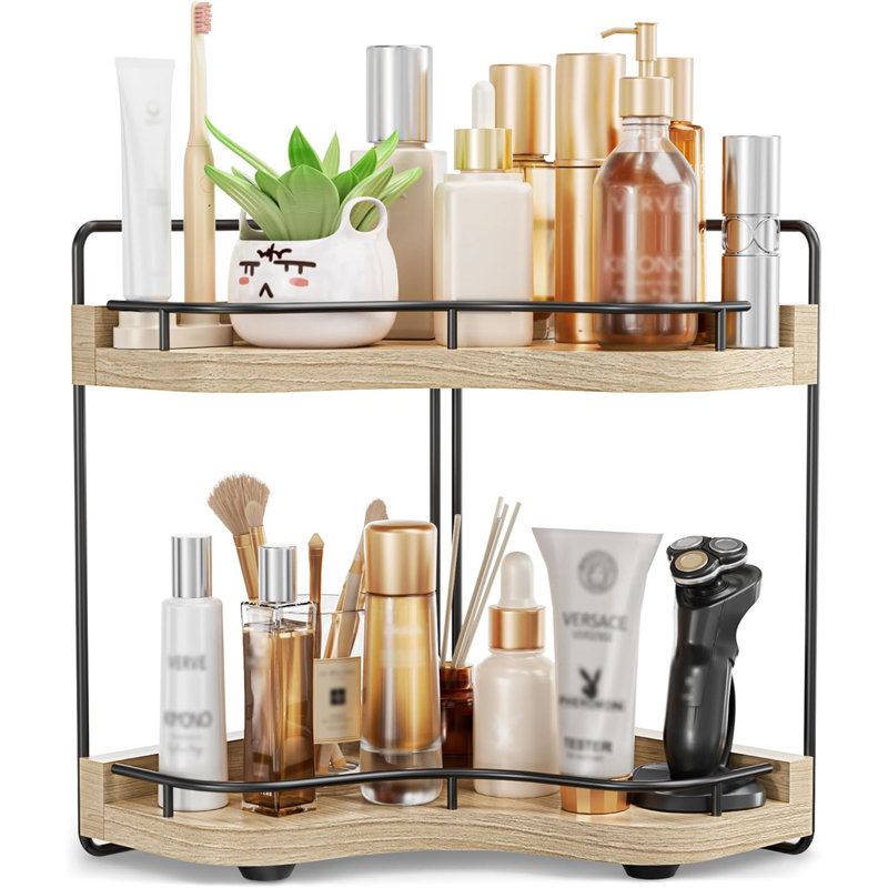 2-Tier Corner Bathroom Counter Organizer With Embedded Screw Holes, Secure & Stable Wood Vanity Shelf For Makeup And Skincare Essentials - Space Saving Bathroom Countertop Storage