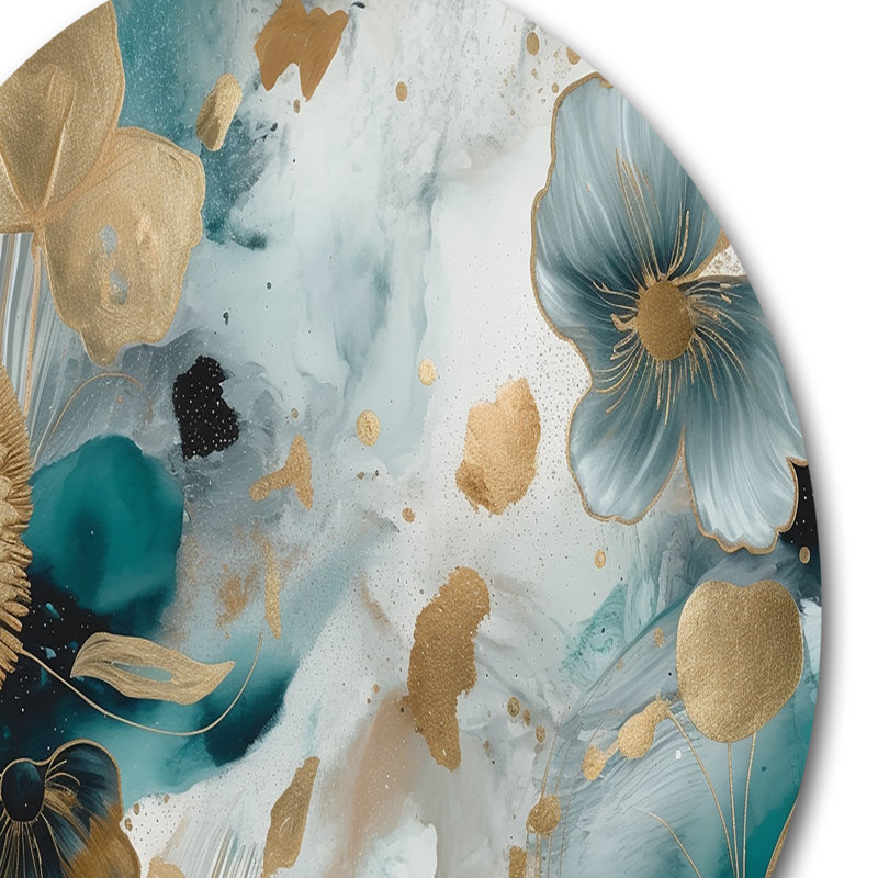 «Blue and Gold Exploration Floral Forms I», art mural rond floral abstrait en métal, H 16 po x l 16 po x P 1 po