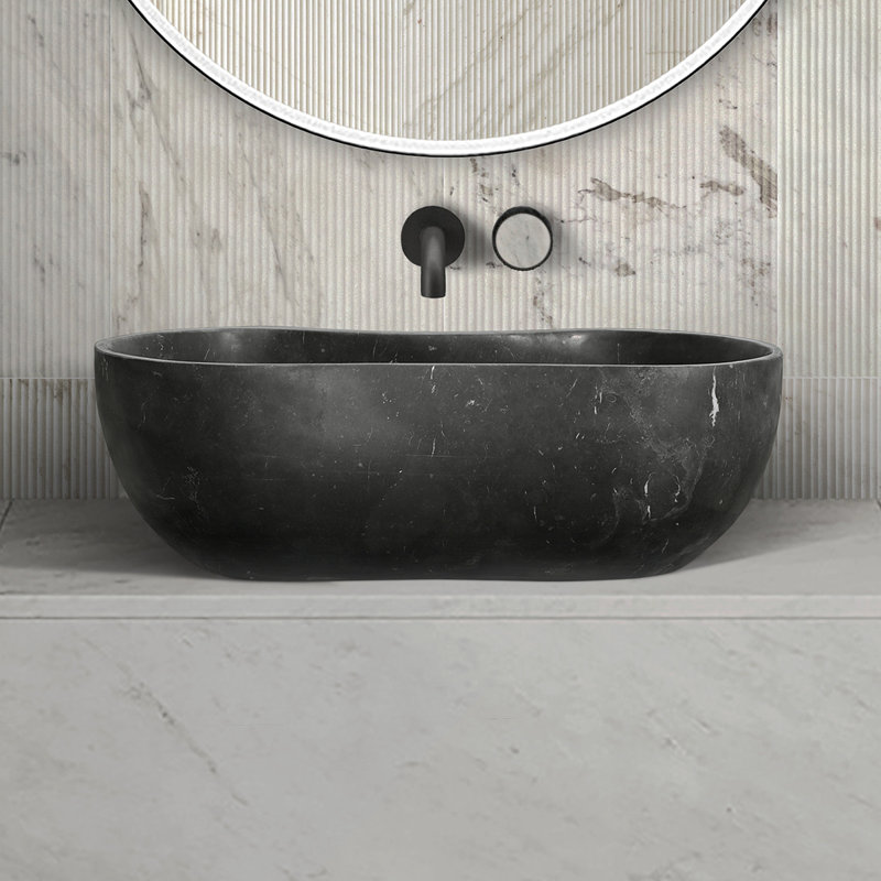Lavabo vasque en marbre naturel luxueux gris foncé, lavabo en pierre ondulée organique de 23,6 po, lavabo monobloc massif sculpté et fini mat (60 cm x 36 cm)
