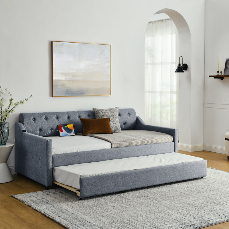 Lit de jour simple rembourré avec lit gigogne simple et charge USB, lin, Gris