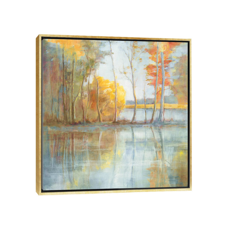 Reflet bord de lac par Danhui nai-impression, H 26 po x l 26 po x P 1,5 po, Toile encadrée d'or, Pas de tapis