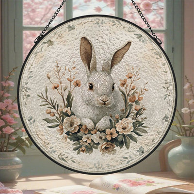 Vintage Neutral Tone White Bunny Muted Floral Wreath Stained Glass Panels Suncatcher for Window Decor