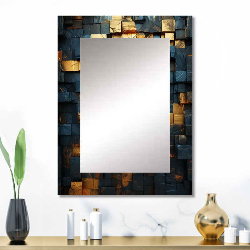 Grunge Gold Cubes Abstract Geometric V - Large Wall Mirror On Metal, 32" x 24"