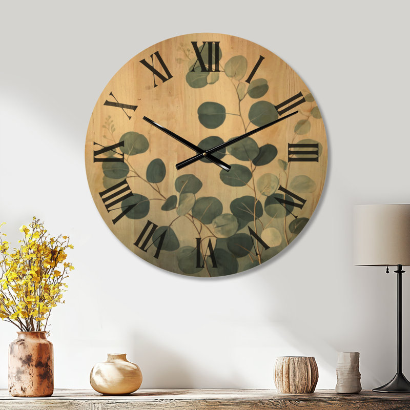 Brins d'eucalyptus côtiers I - Horloge murale ronde en bois à thème botanique, Grand