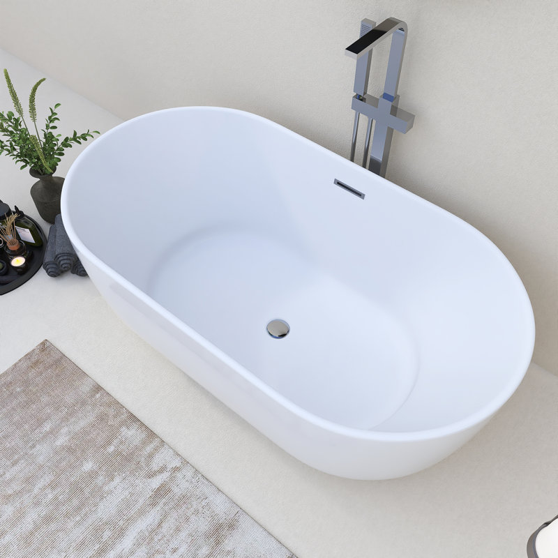 60" X 31.5" Freestanding Glossy White Acrylic Soaking Bathtub With Drain