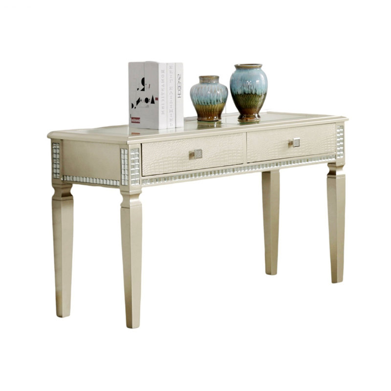 Élégante table de canapé glamour argentée avec tiroirs de rangement et plateau en verre trempé de 5 mm, parfaite pour les salons modernes.
